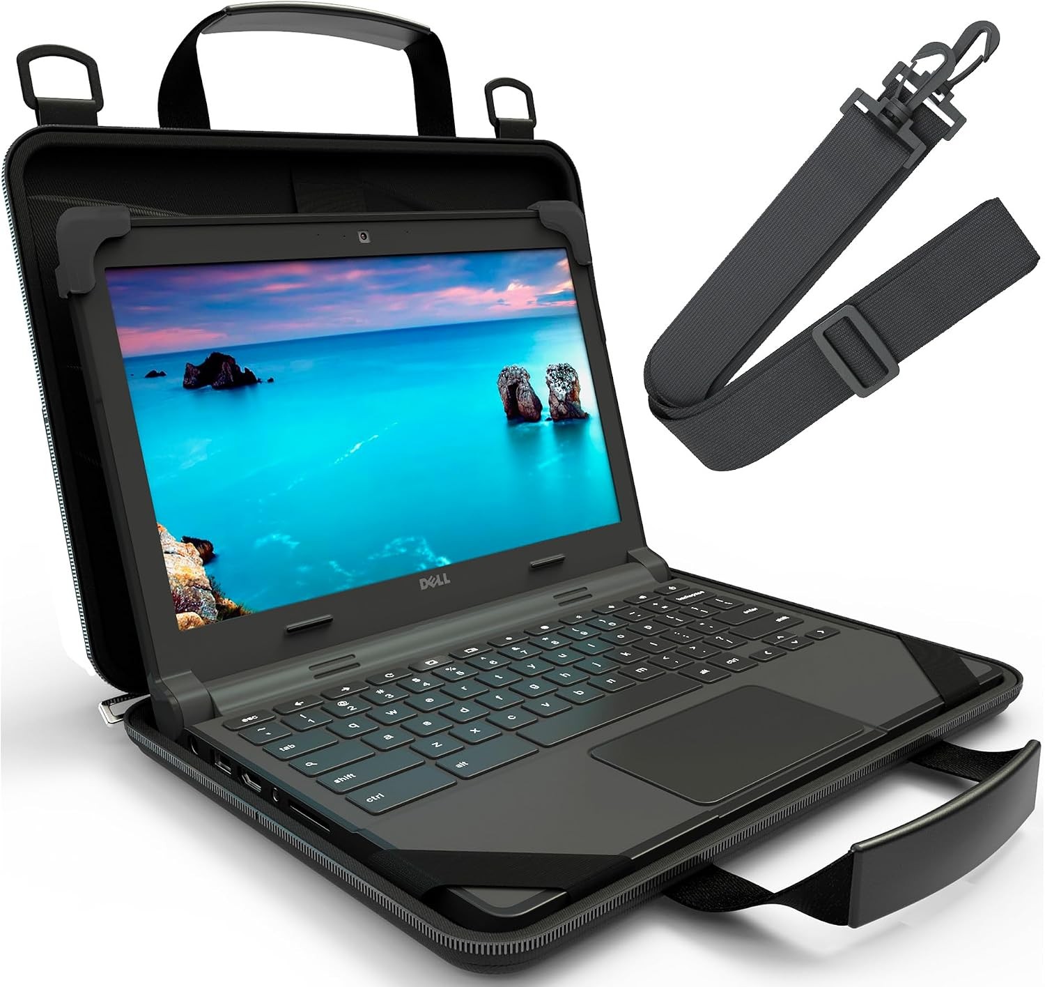 13-14 Inch Always-on Chromebook Protective Hard Case with Adjustable Strap and H
