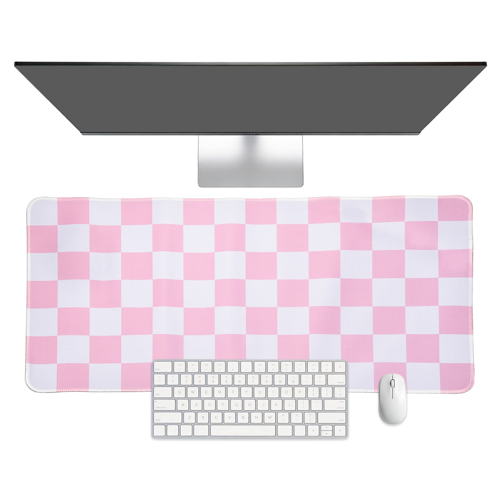 Checkered Desk Mat, 23.6x11.8 Inch Mouse Pad with Non-Slip, Pink/White