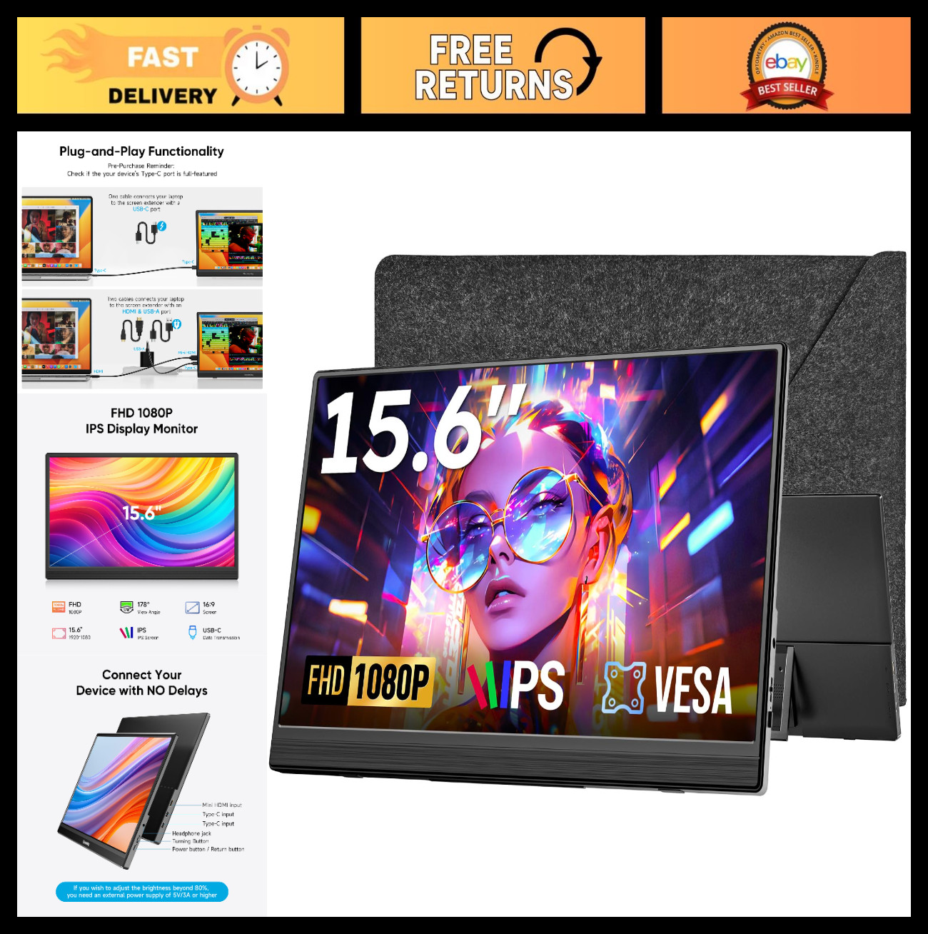 15.6" FHD Portable Monitor with Sleeve Bag, USB-C HDMI External Screen for Lapto
