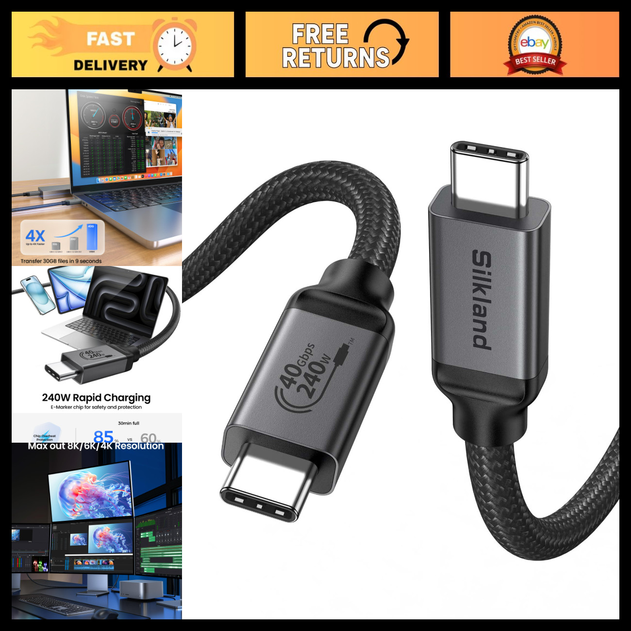 USB 4 Thunderbolt 4 Cable 40Gbps 240W 8K Video, USB-IF Certified, 4FT Length