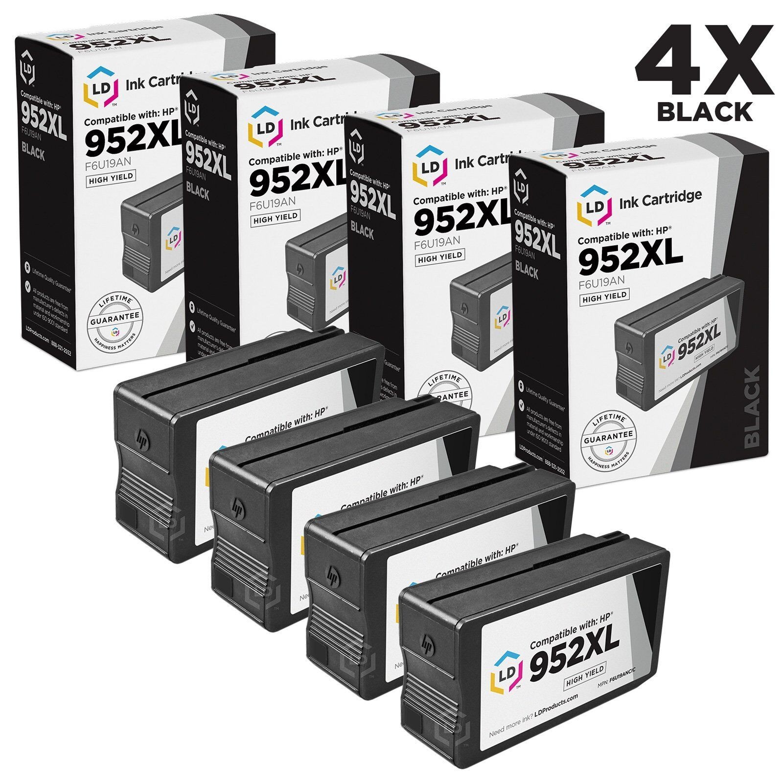 LD Compatible Replacement for HP 952 / 952XL / F6U19AN Black Ink Cartridges 4PK