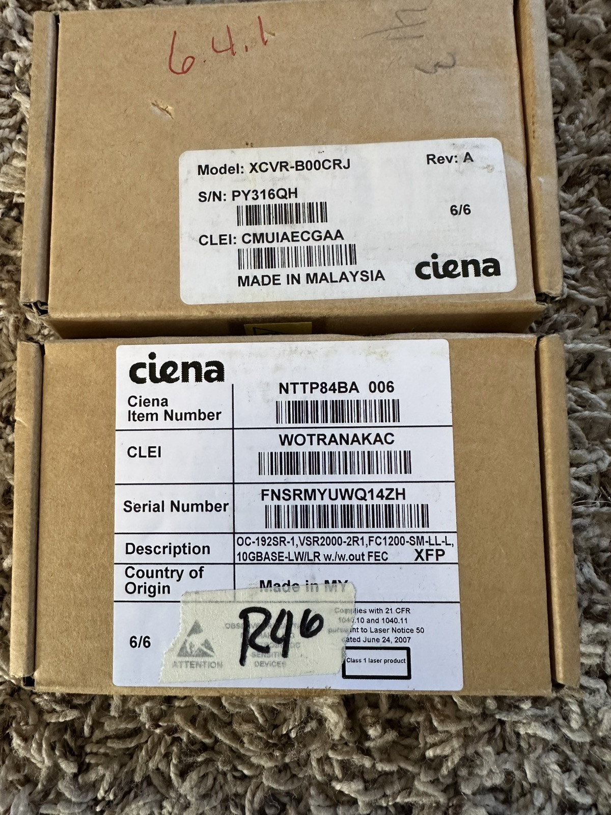 Lot Of 2 Ciena Optical Transceivers NTTP8BA & XXVR B00CRJ