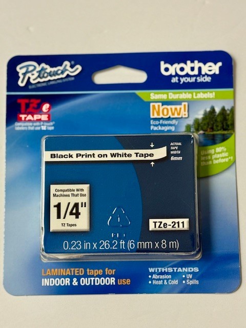 Brother TZe211 6mm 1/4" black on white P-touch TZ tape PT H100 P700 2030VP 2030