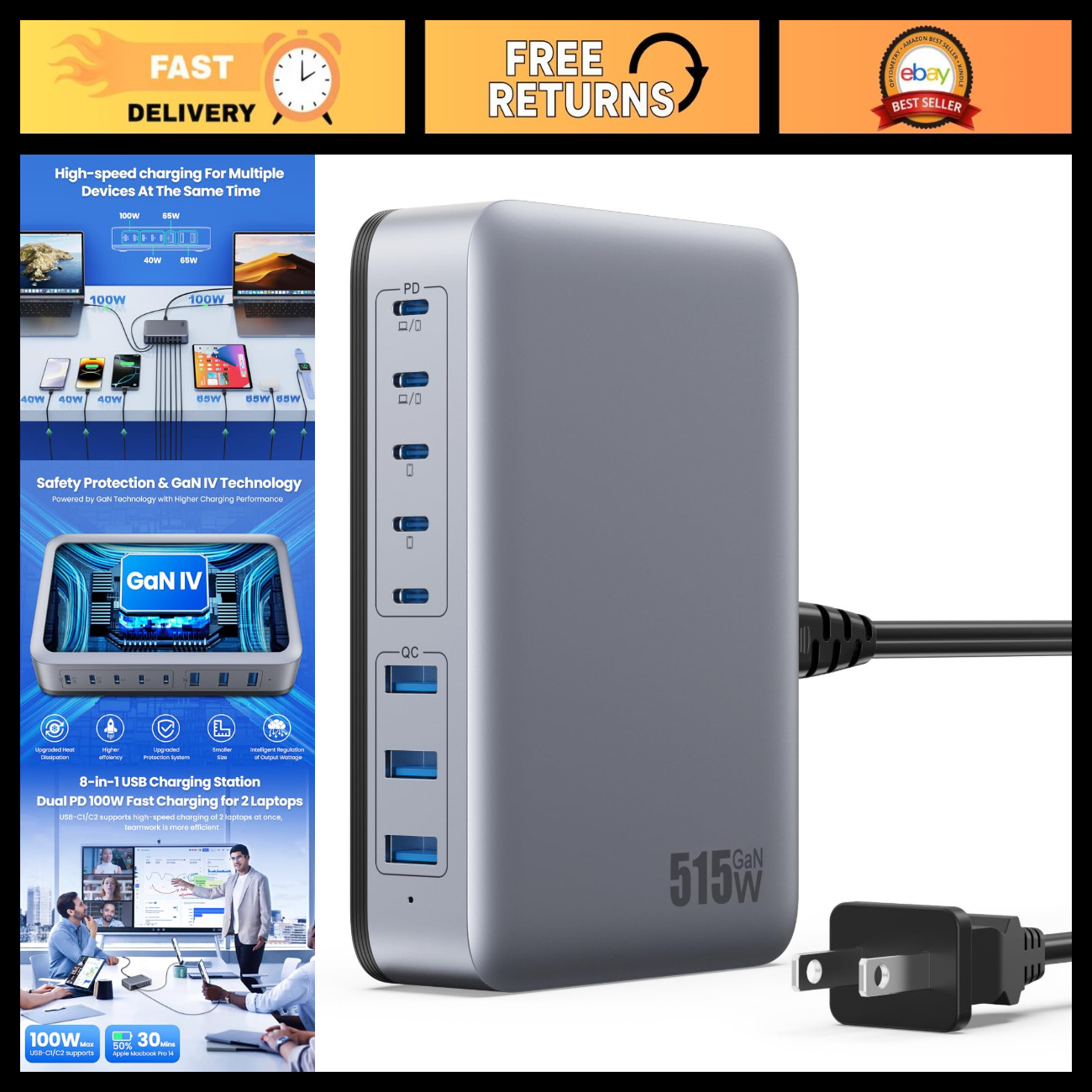 8-Port USB C Charger Block 515W GaN Fast Charging Station, Dual PD 100W for Lapt