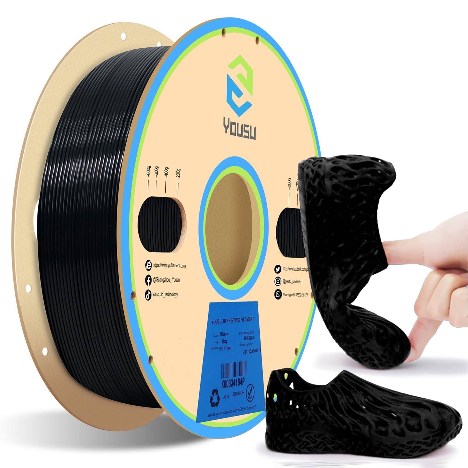 Flexible TPU 95A 3D Printer Filament 1.75mm - Black, 1kg - High-Quality Material