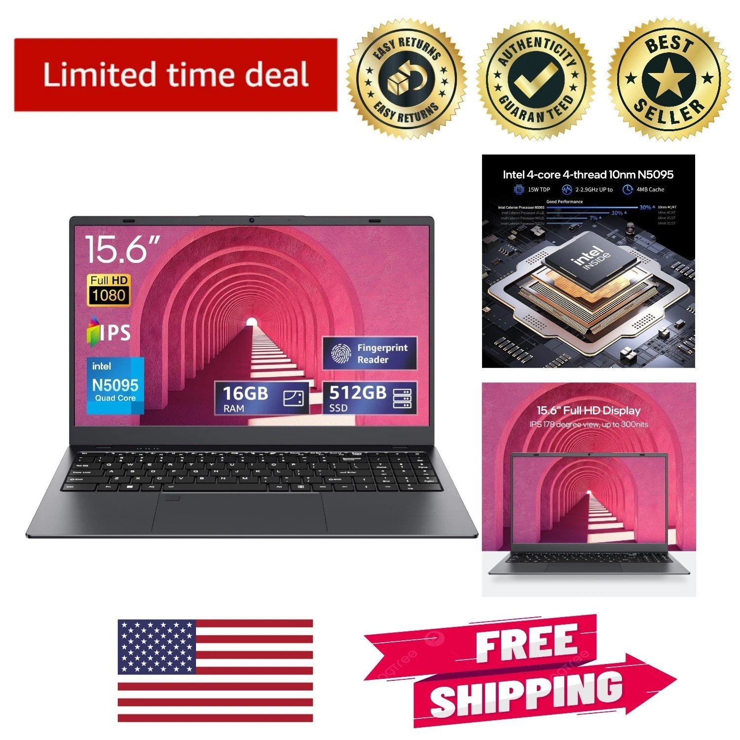 High-Performance 15.6-inch Laptop - 16GB RAM, 512GB SSD, & Fingerprint Unlock