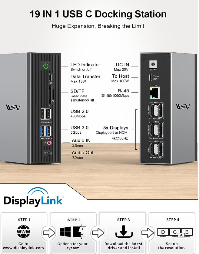 IVIIN 4K@60Hz Quadruple Display 19-in-1 Laptop USB-C Docking Station - GRAY