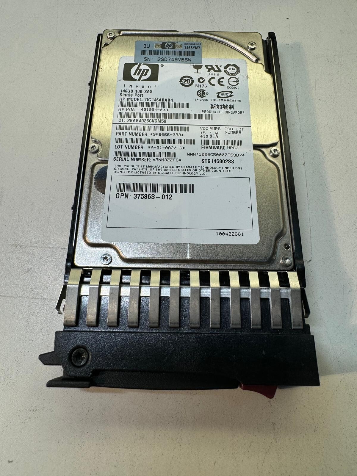 HP DG146ABAB4 431954-003 9F6066-033 146GB 10K SAS 2.5" HDD SINGLE PORT