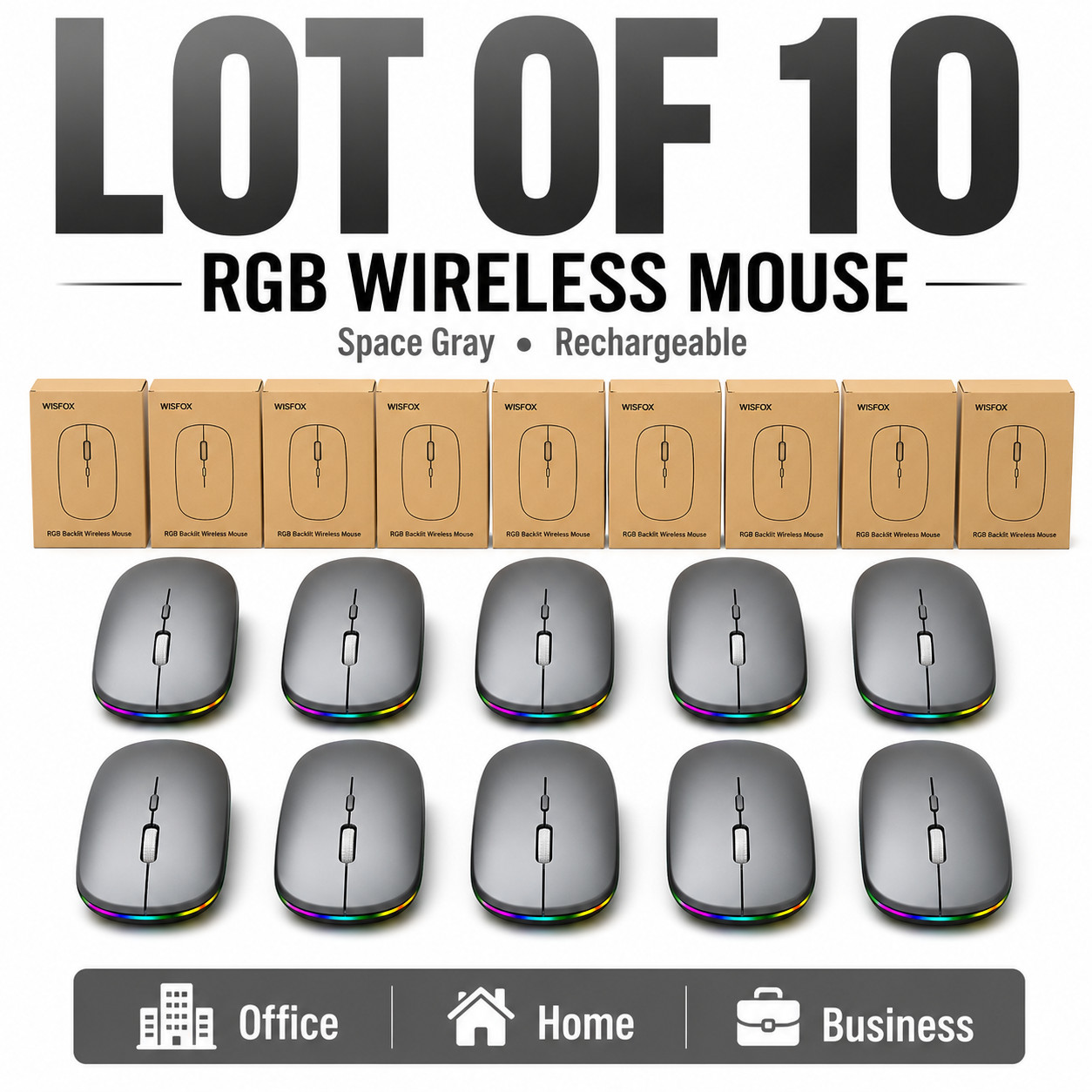 Lot of 10 WISFOX RGB Wireless Mouse Rechargeable Space Gray USB PC Laptop