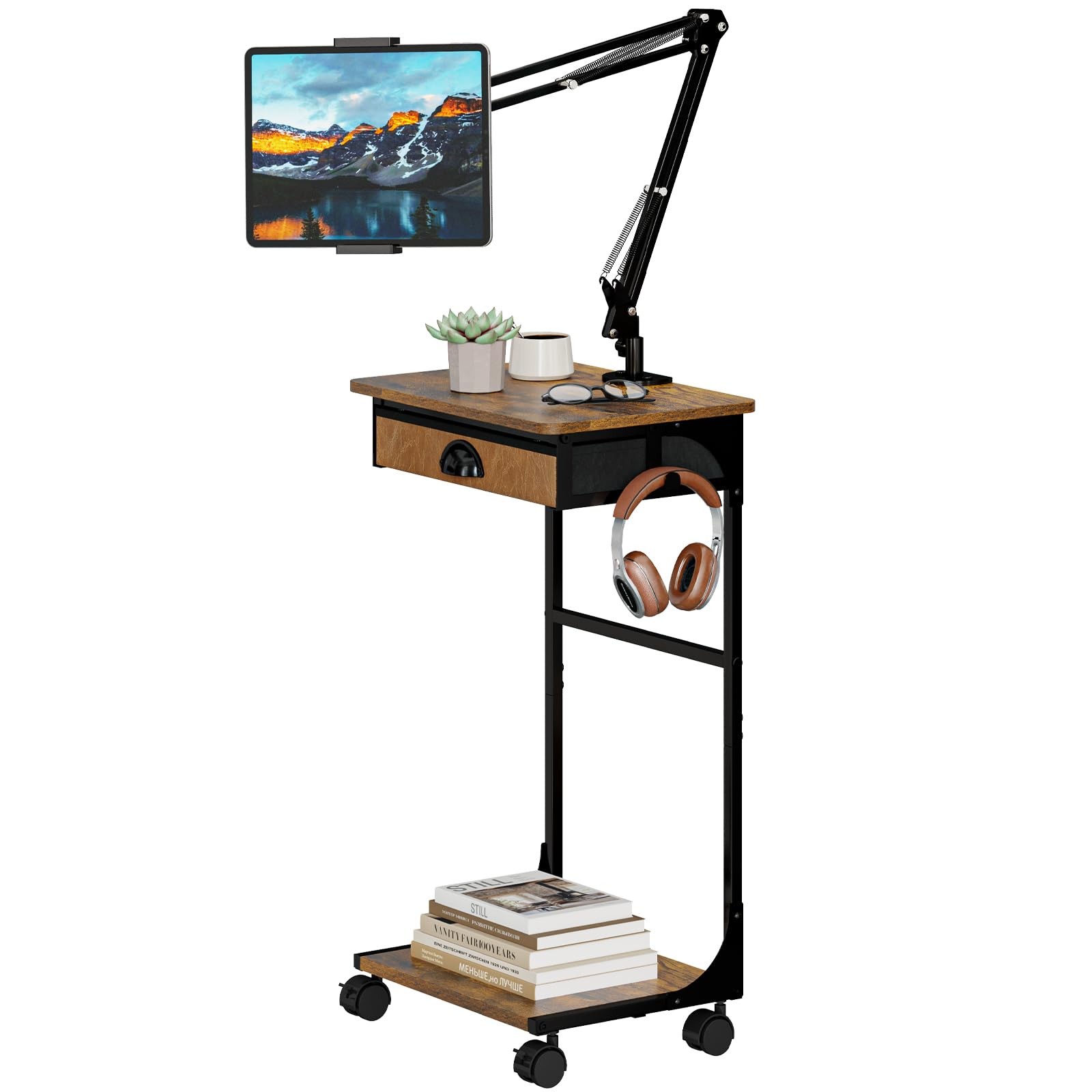 Floor Kindle Phone Tablet Stand with Drawer & Storage Shelves, Angle Height A...