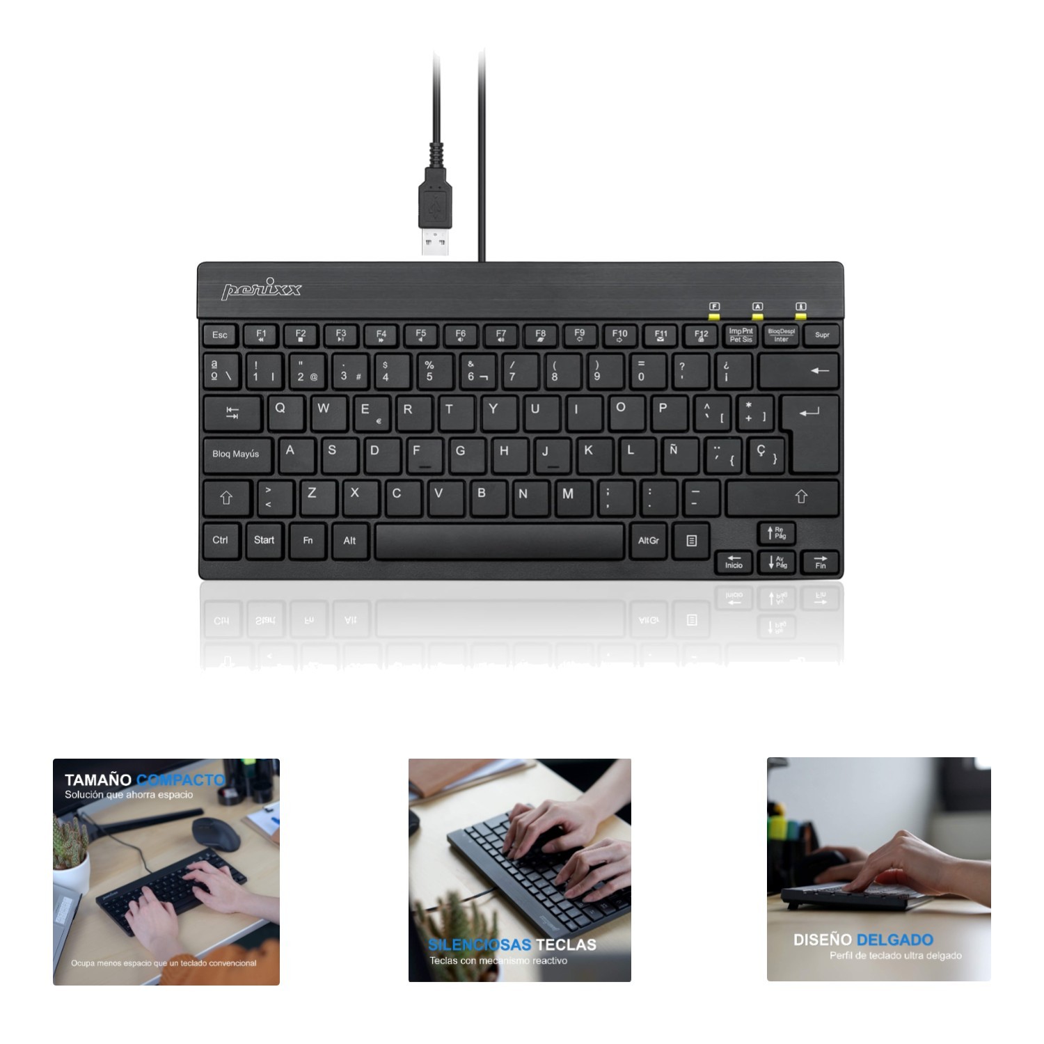 PERIBOARD-426ES Mini Teclado con Cable USB - Negro - QWERTY Español,Black