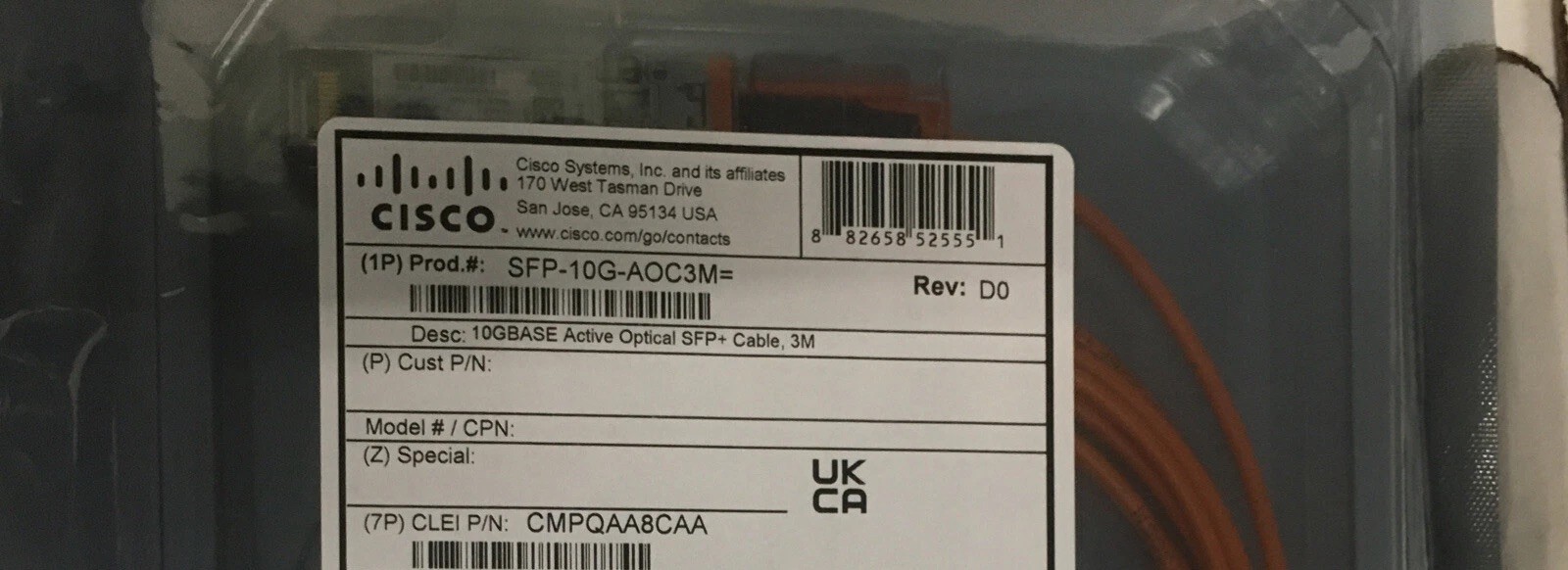 NEW SEALED GENUINE CISCO SFP-10G-AOC3M - 10GBASE Active Optical Cable 3M