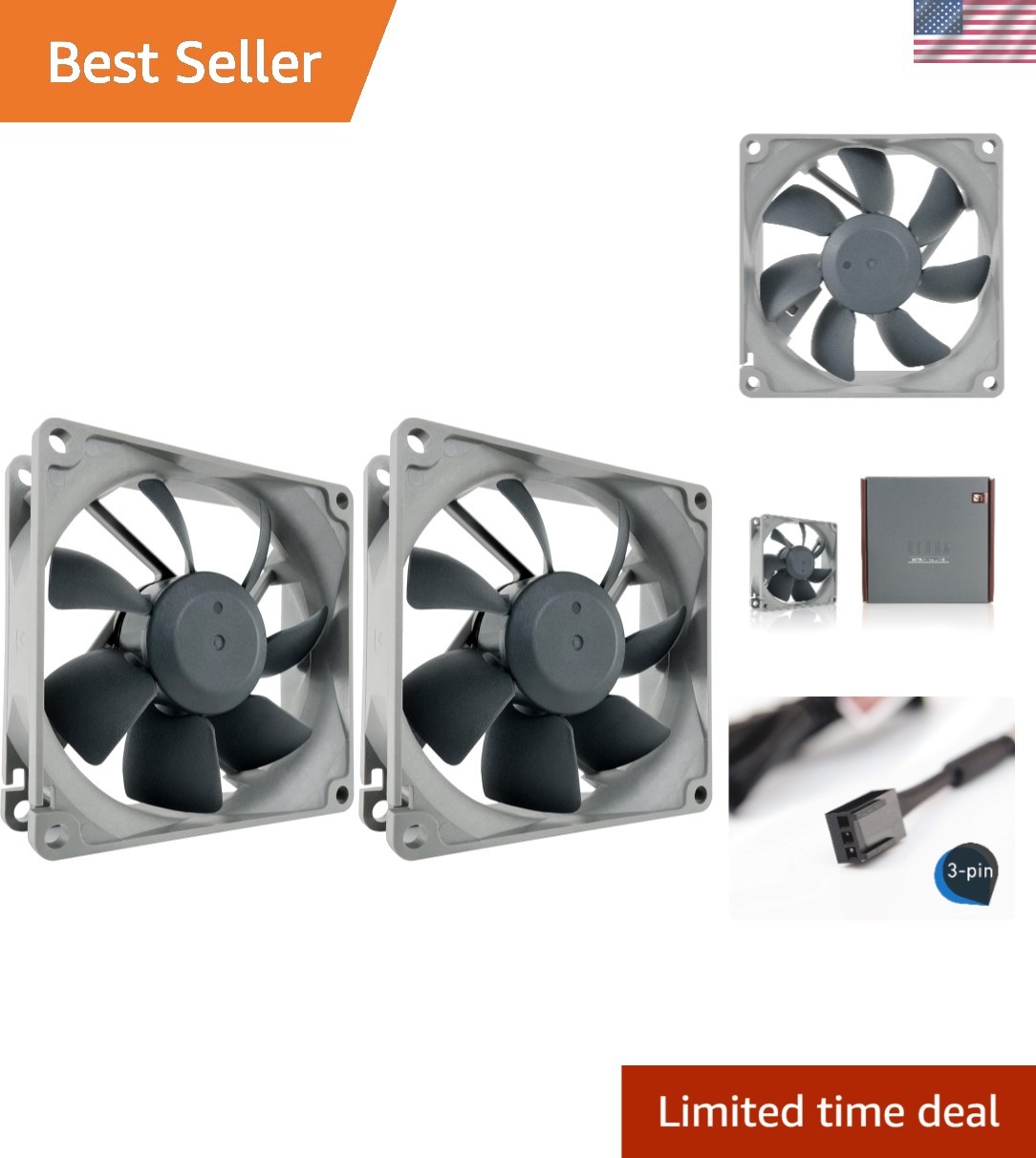 High Performance Cooling Fan, 3-Pin, 1800 RPM 80mm, Grey Pack of 2