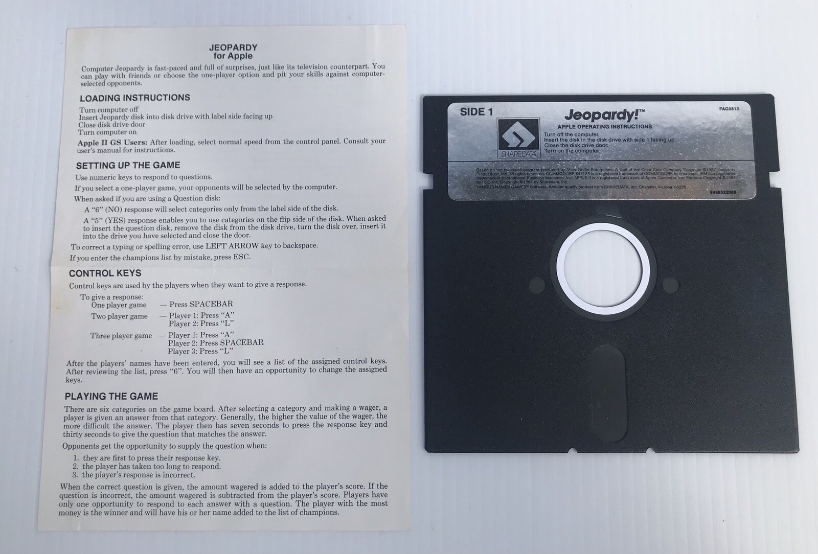 Vintage Sharedata Jeopardy Game Apple II w/Original Instructions