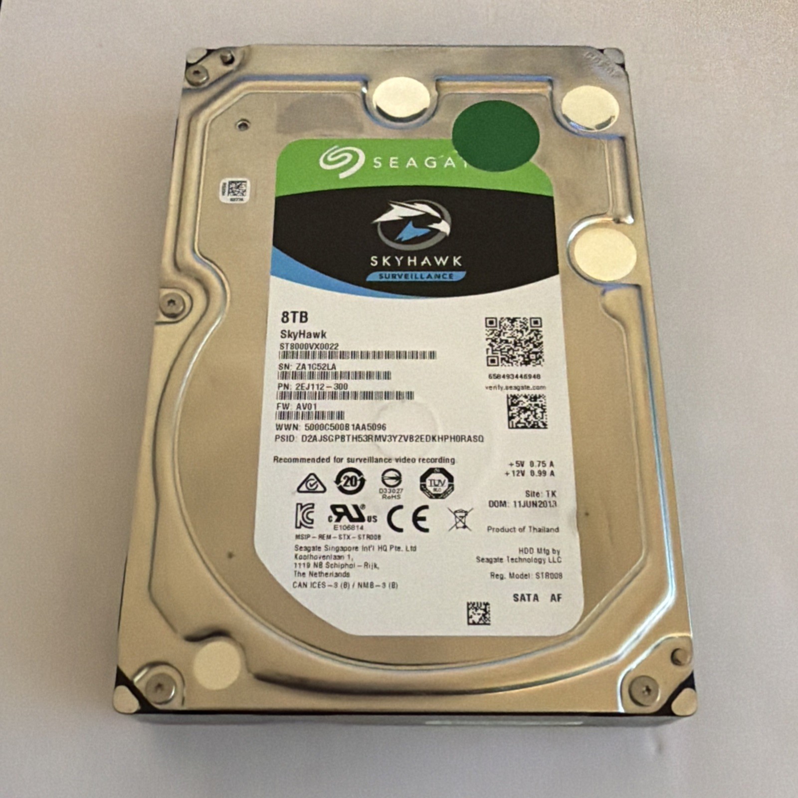 Seagate Skyhawk 8TB 7.2K SATA 3.5" Surveillance HDD ST8000VX0022 Low Hours 100%