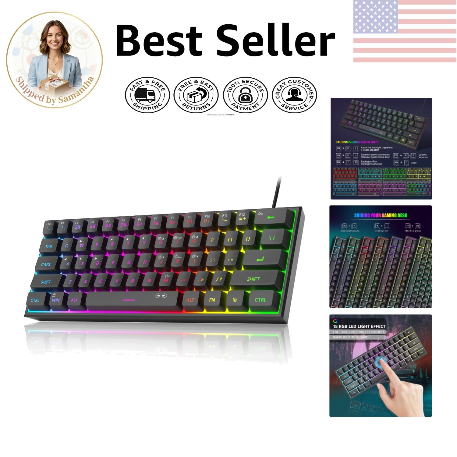 Ultra-Compact 60% RGB Backlit Gaming Keyboard - Waterproof & Ergonomic Design