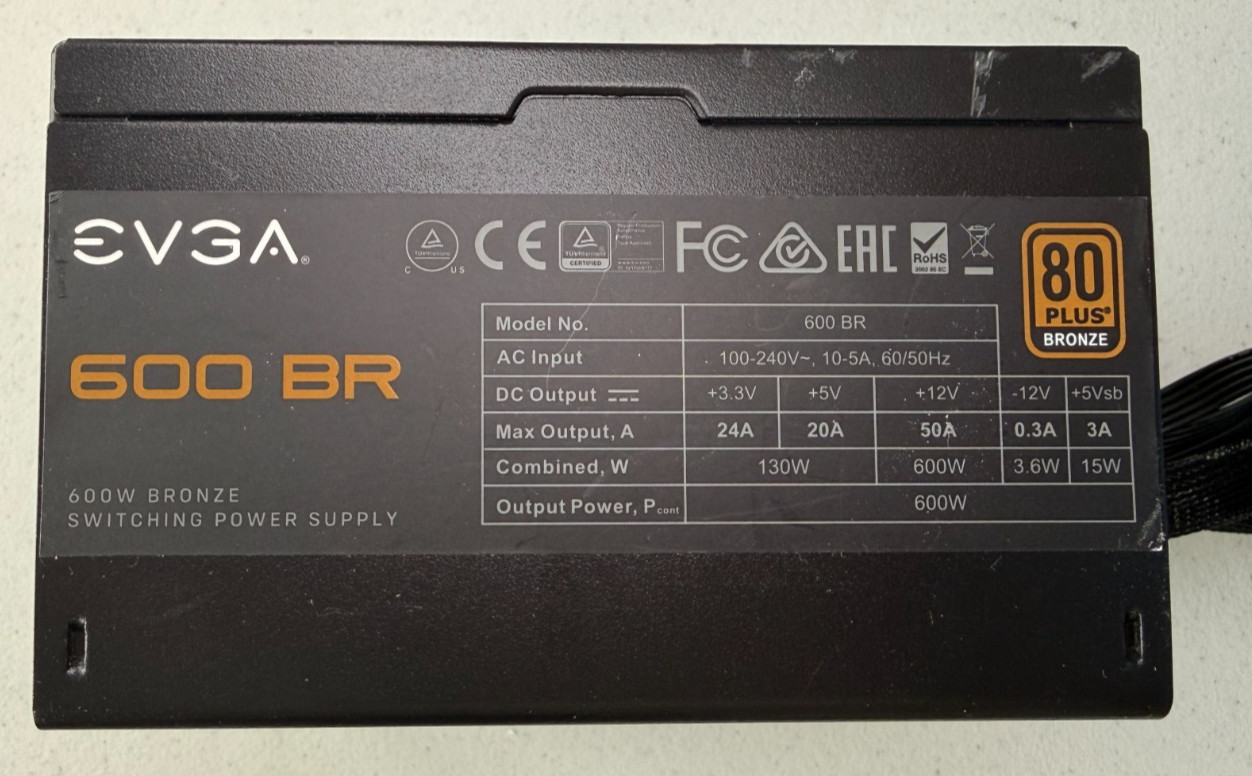 EVGA 600 BR 600W 80 Plus Bronze ATX Power Supply PSU - No AC Cord