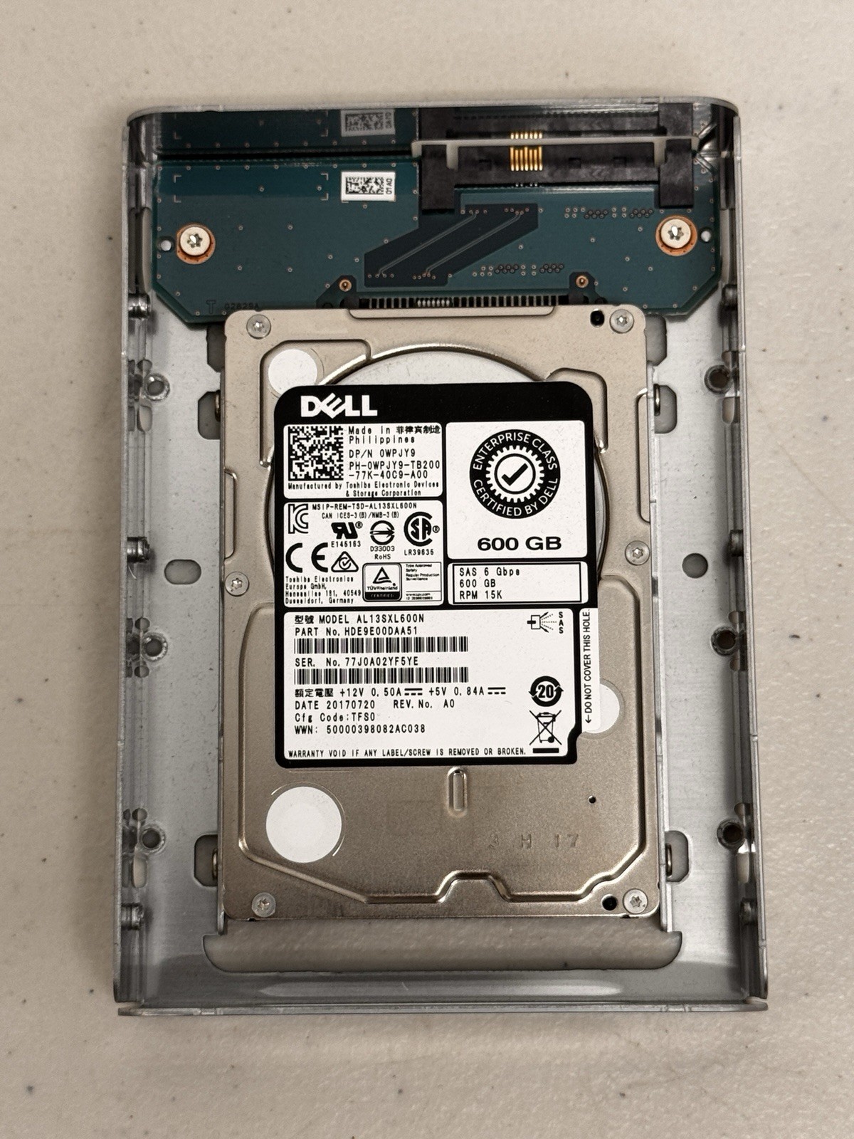 WPJY9 DELL TOSHIBA AL13SXL600N 600GB 6Gb/s 15K SFF 2.5''-3.5'' SAS HDD  w/ tray