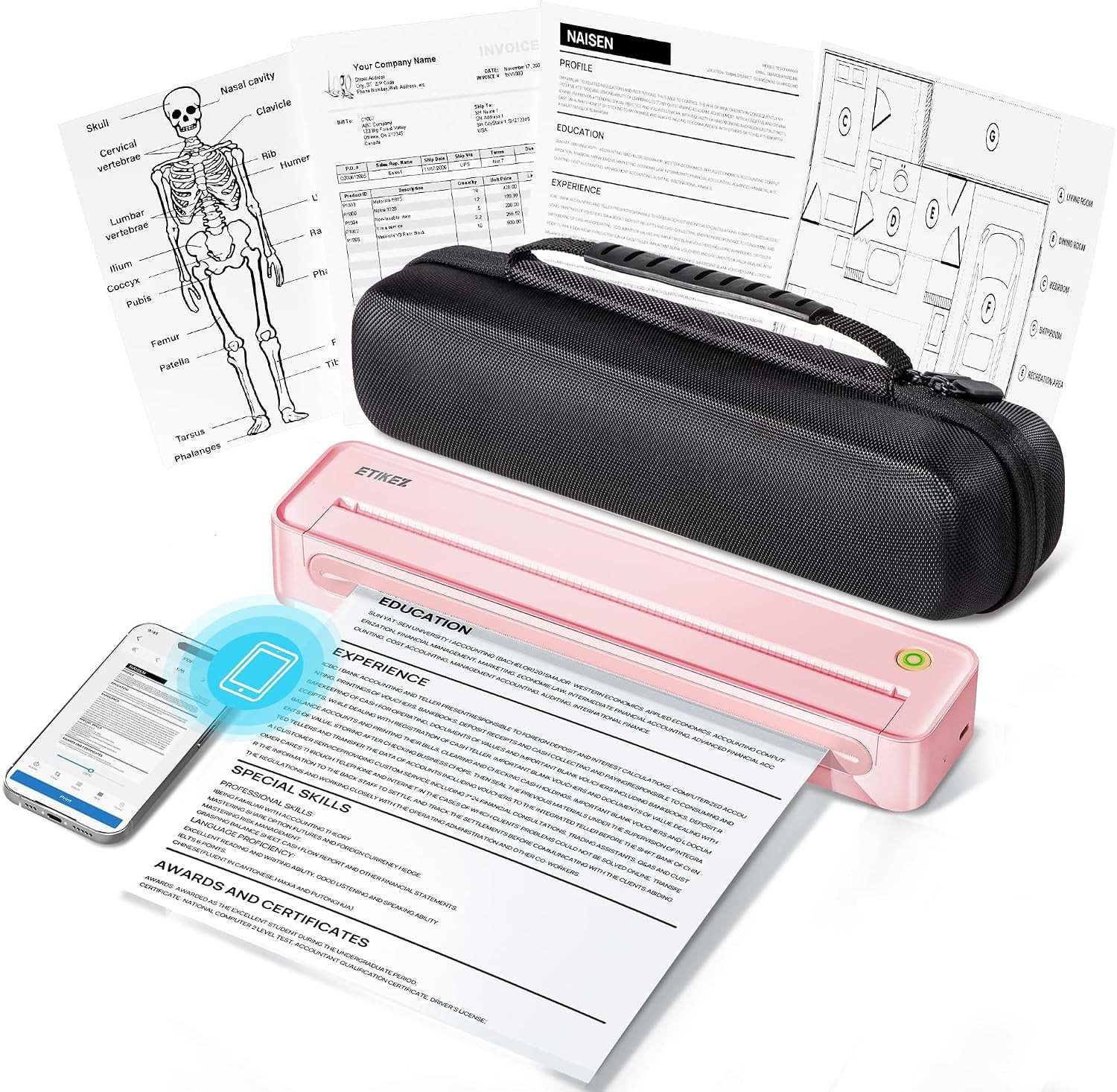 D90E Inkless Portable Thermal Printer with Case – 8.5" X 11", Pink | Wireless Bl