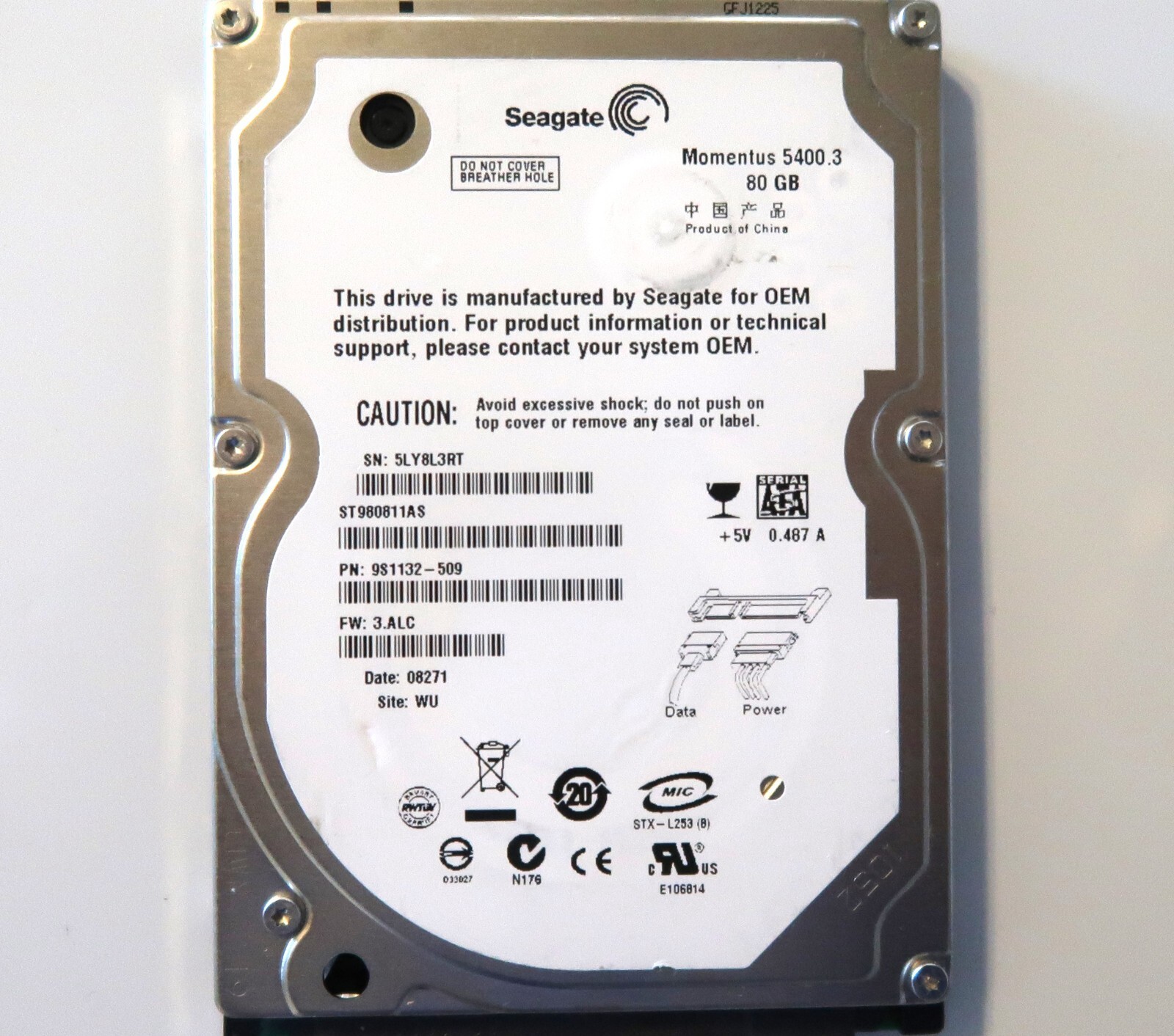 Seagate ST980811AS 9S1132-509 3.ALC (5LY) China WU 80gb 2.5" Sata HDD 01-2008