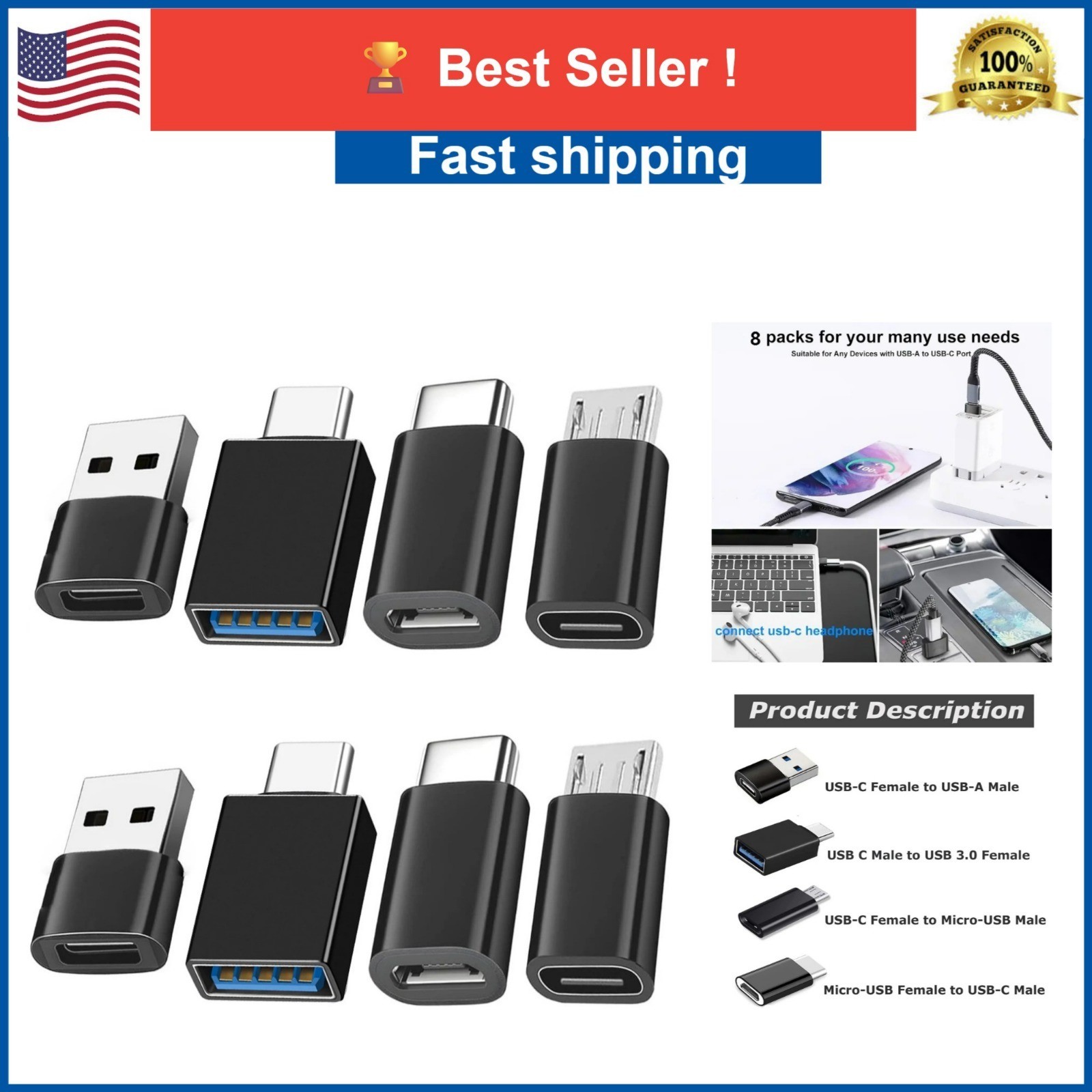 8 Pack USB to USB C Adapter Set, Type-C Female to USB Male Converter