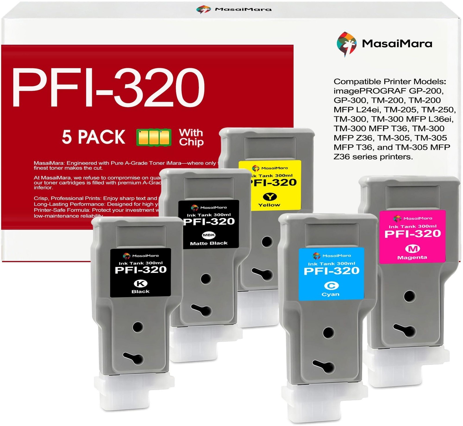 MasaiMara PFI-320 5PK MBK+BCMY Ink Cartridges For Canon ImagePROGRAF TM-200 300