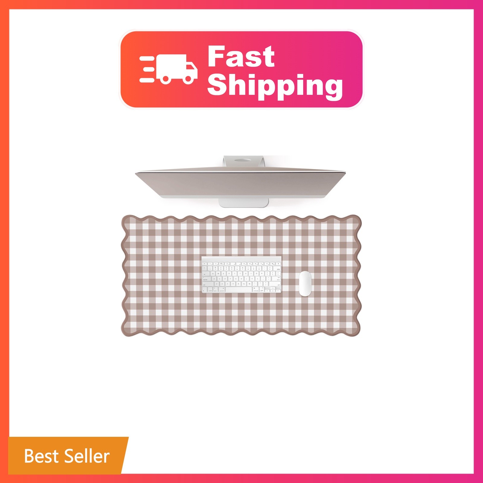 ohisxiacy Scalloped‌ Checkered Desk Mat Cute Brown Gingham XXL Large Gaming M...