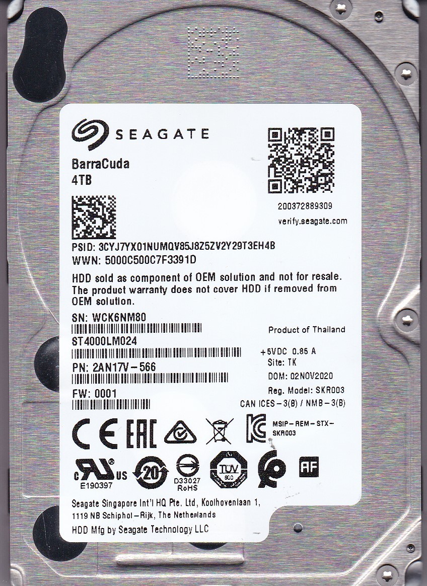ST4000LM024 s/n: WCK6 p/n: 2AN17V-566 fw: 0001 TK NOV/2020 4TB SATA 2.5" SEAGATE