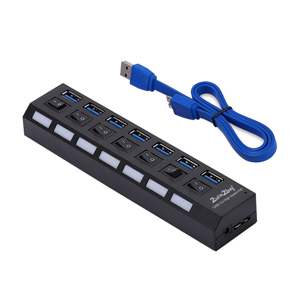 7 Ports USB Hub 3.0 Powered Splitter ON/OFF Switch AC Adapter Cable PC Laptop