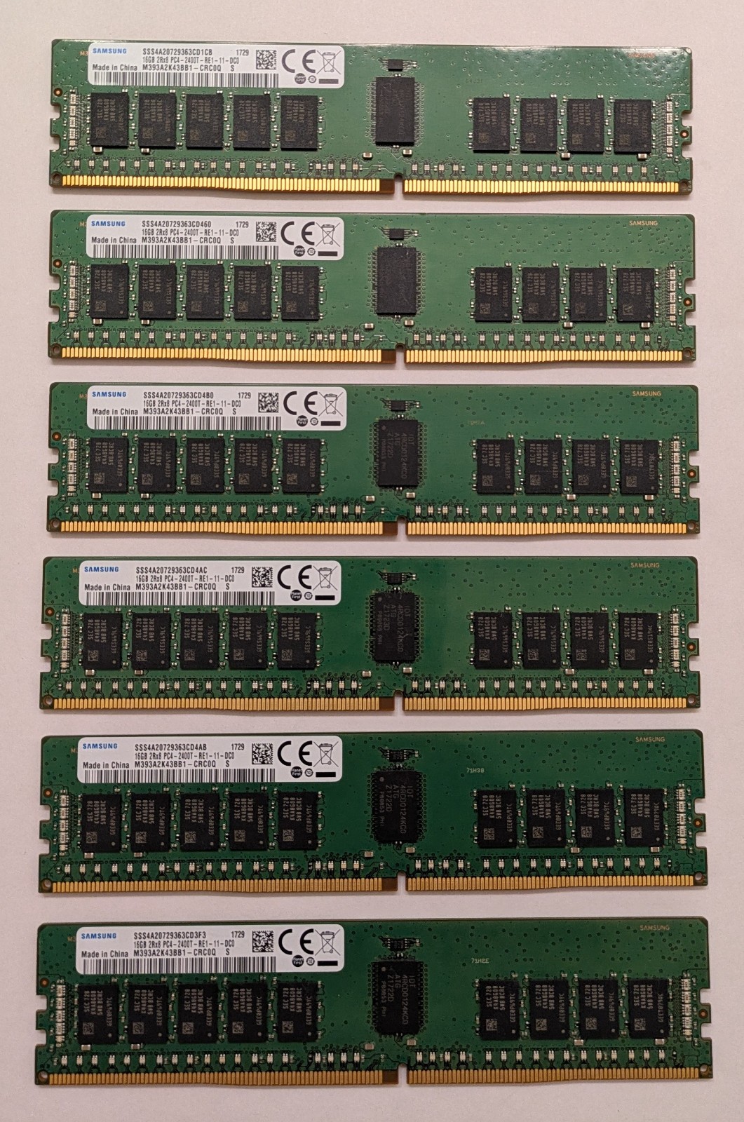 Samsung 96GB (6x16GB) DDR4-2400 ECC Server RAM 2Rx8 PC4-2400T (Lot of 6 16GB)