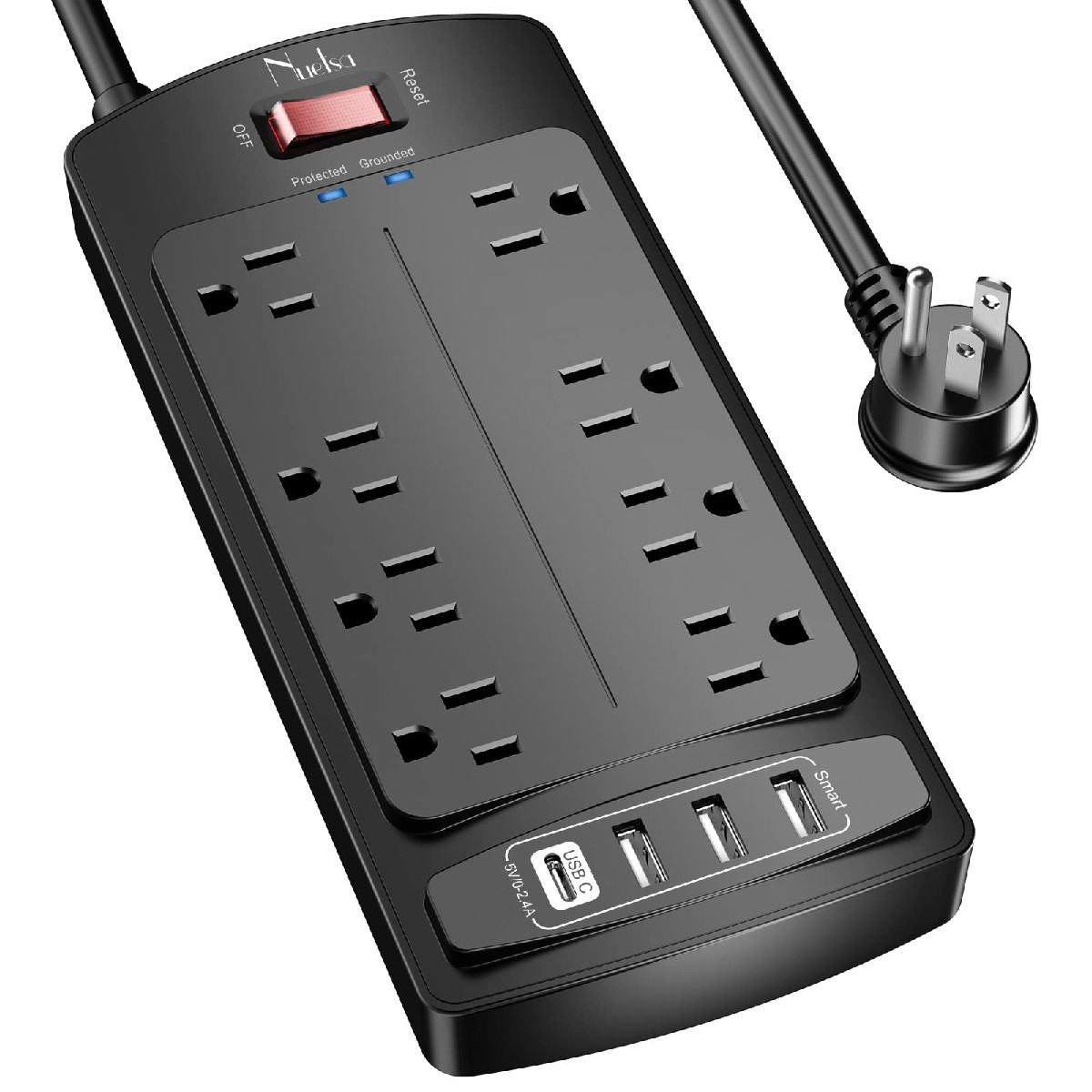 Surge Protector Power Strip - Nuetsa Flat Plug Extension Cord 8 Outlets And 4