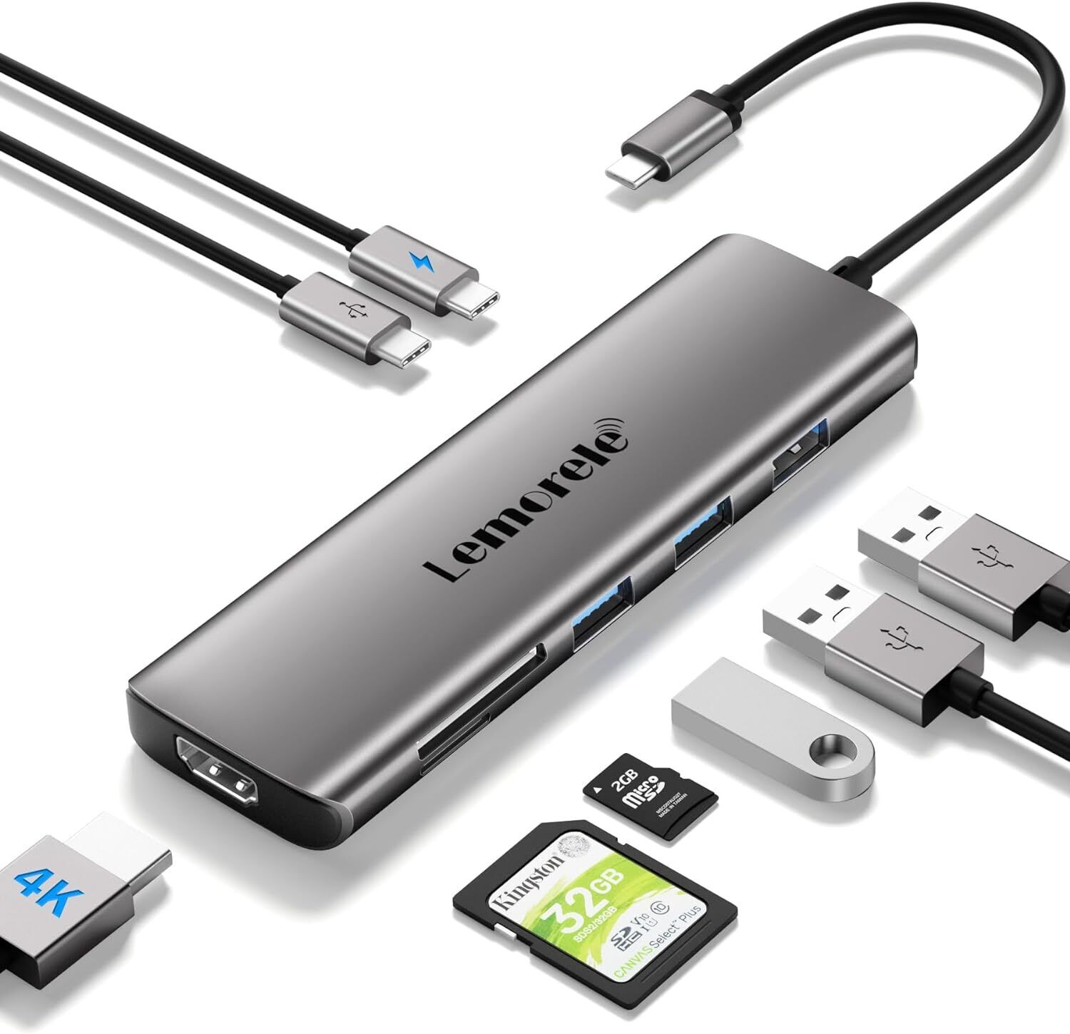 Lemorele 8-in-1 USB C Hub Multiport Adapter, USB-C Hub with 4K HDMI Output, 100W