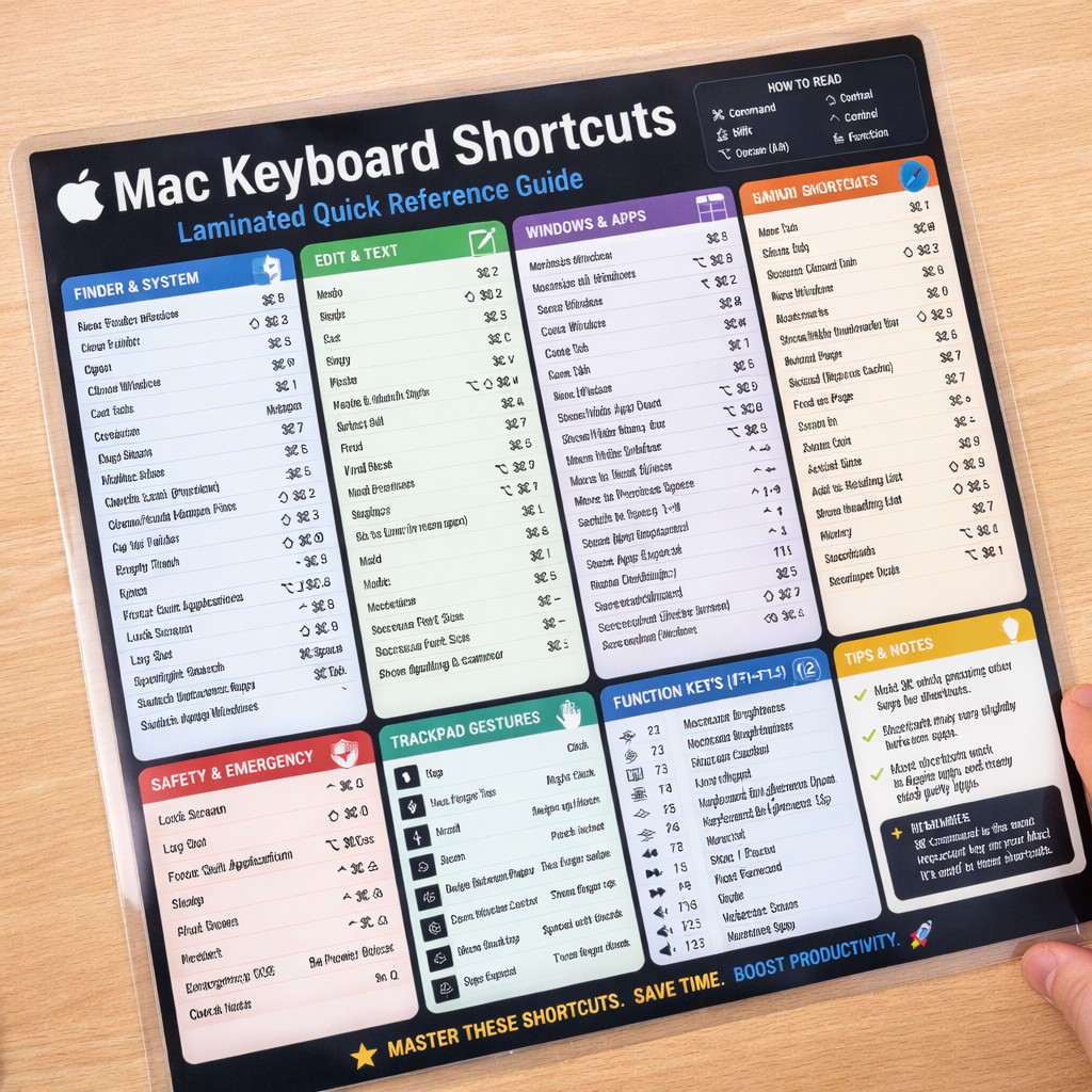 Mac Keyboard Shortcuts Laminated Desk Reference Card – MacBook Productivity