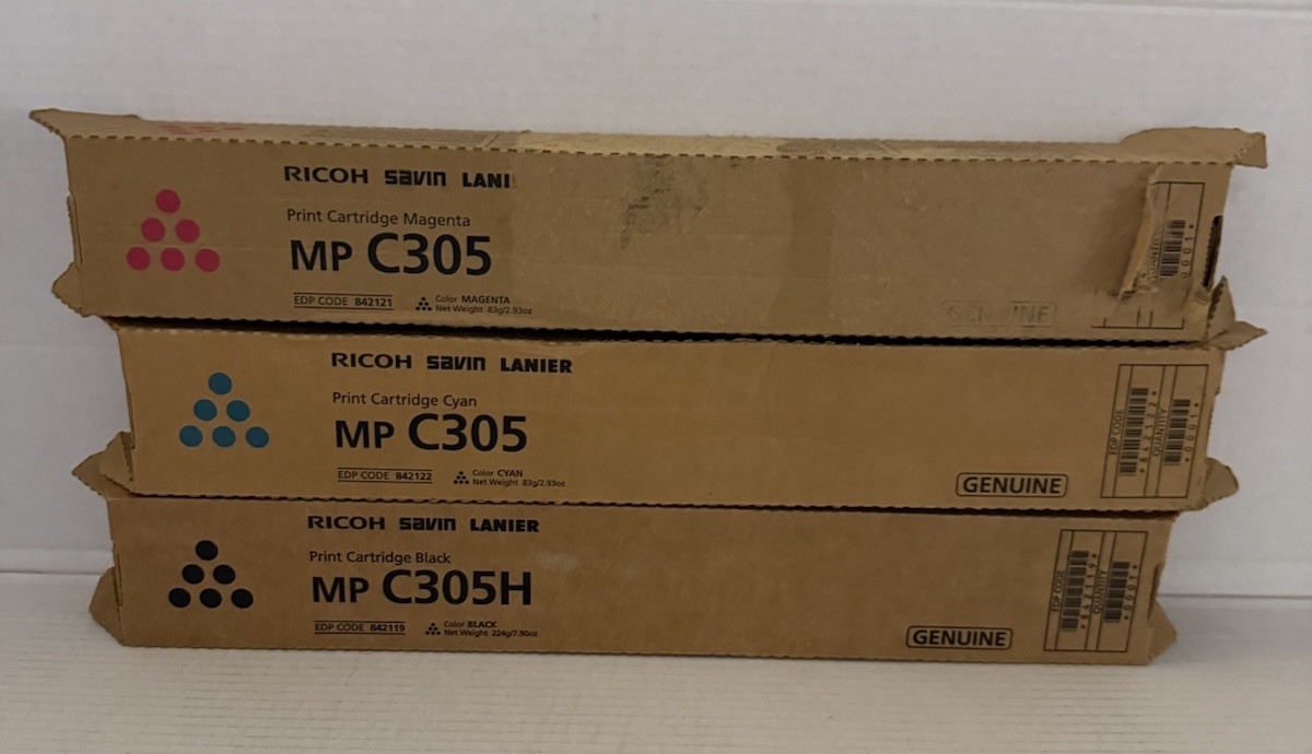 New Ricoh MP C305 Color Lot of 3 Magenta Cyan and Black Sealed Box