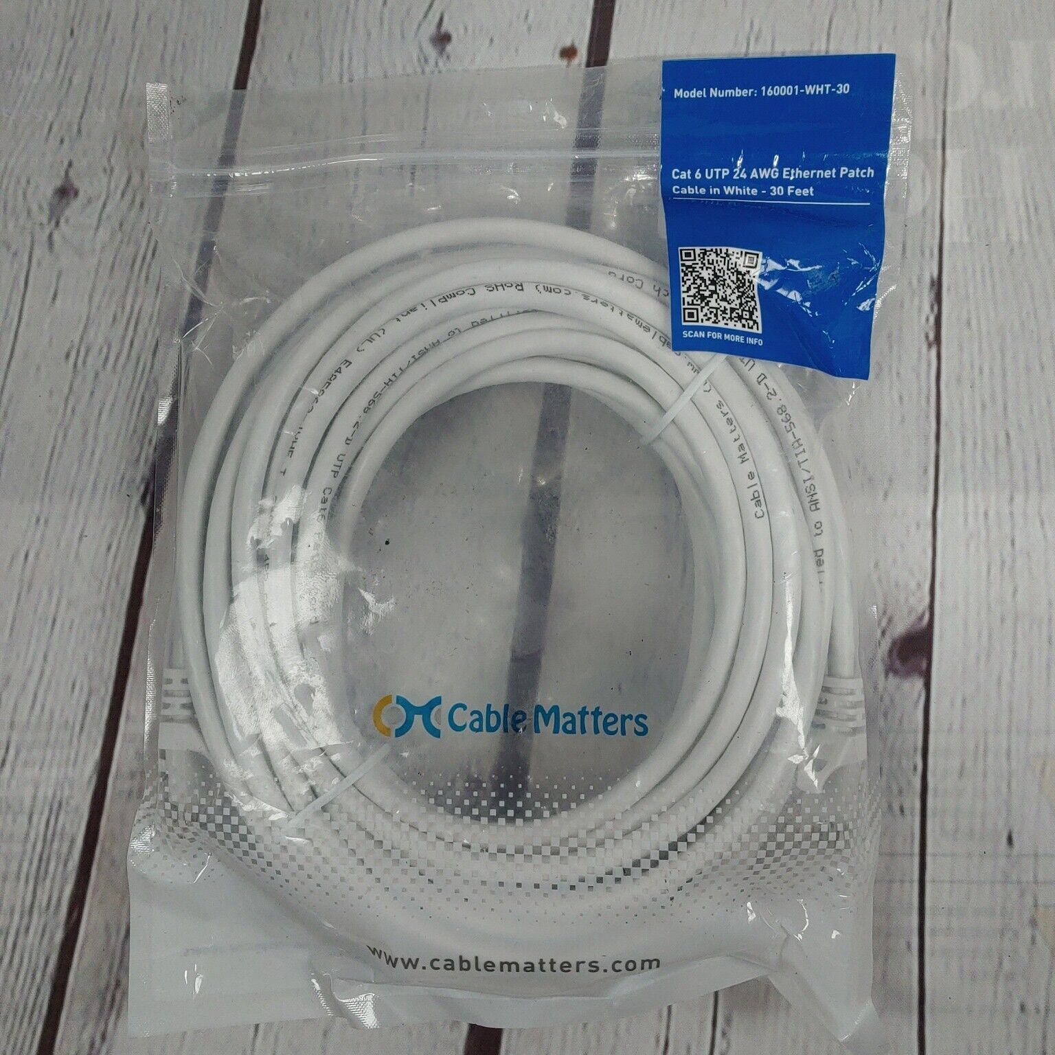Cable Matters 160001-WHT-30 White Cat 6 UTP 24 AWG Ethernet Patch Cable 30 Feet