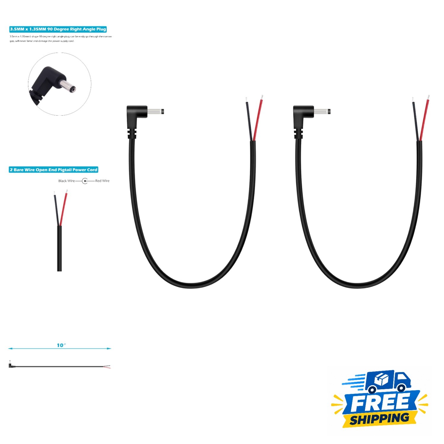 2-Pack 10-Inch DC Power Pigtail Cable with 90° Plug for CCTV & LED Systems