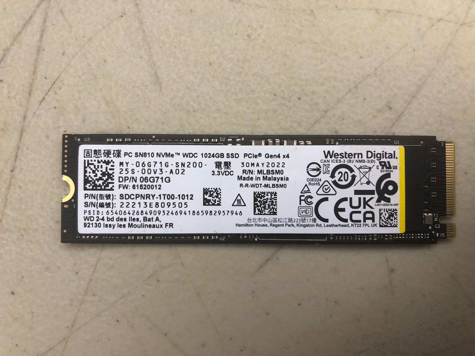 Western Digital SN810 1TB PCIe 4.0 NVMe M.2 2280 SSD SDCPNRY-1T00-1012