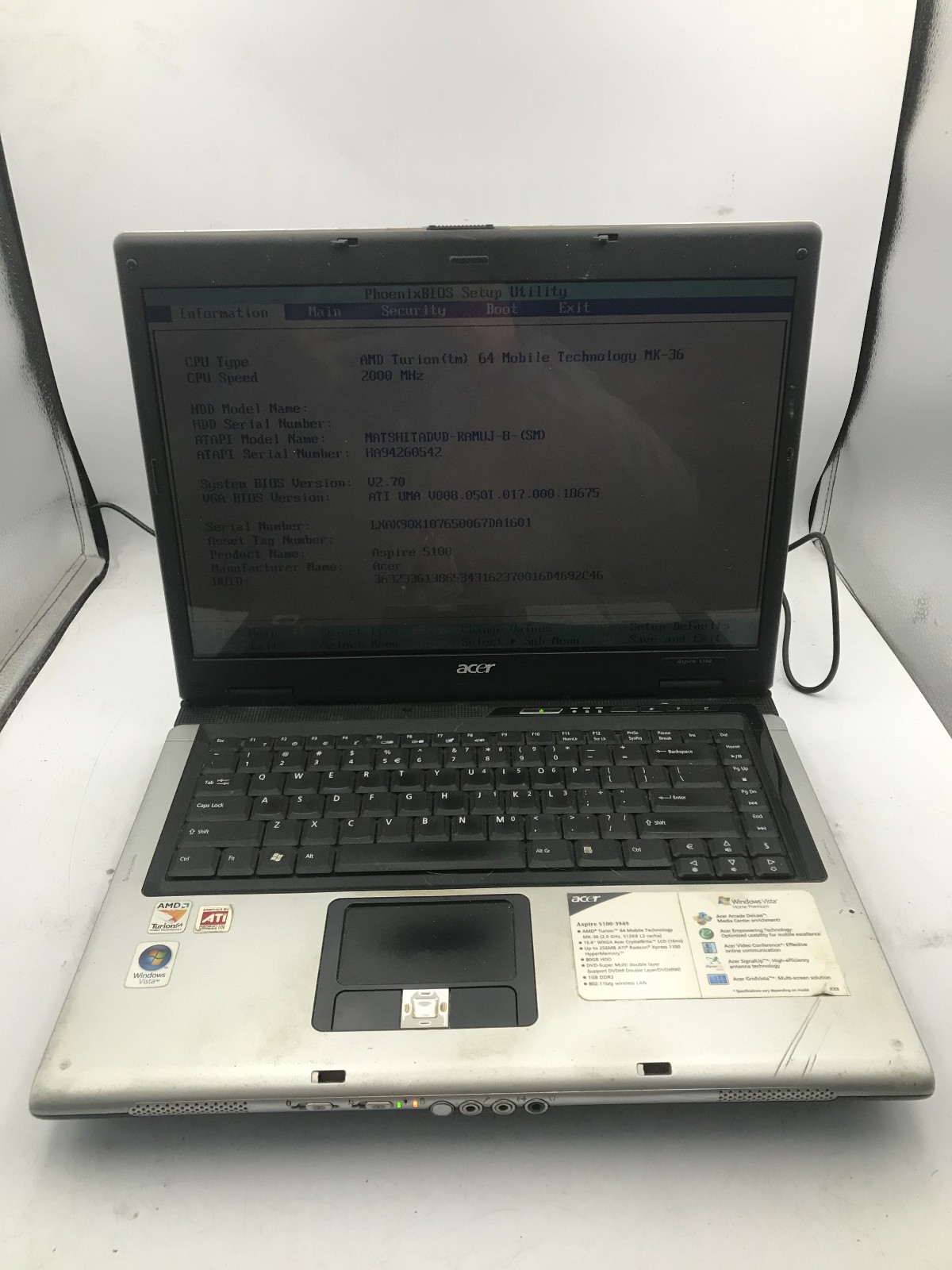 ACER ASPIRE 5100 3949 - BOOTS TO BIOS - AMD TURION 64 - 1GB RAM - RREAD DESC -BB