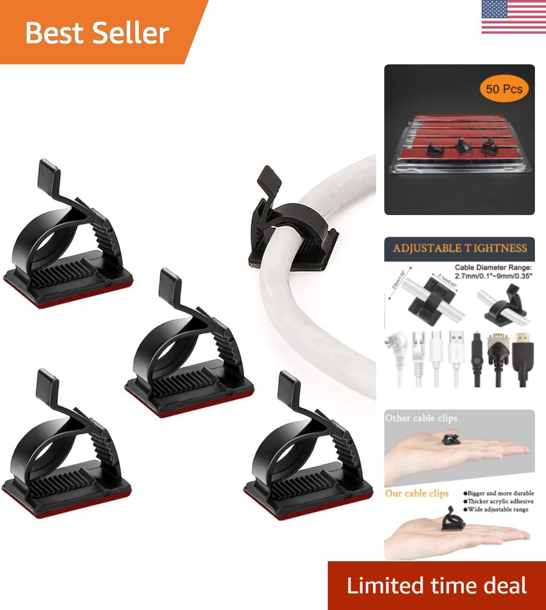 Mess-Free Cable Management - 50Pcs Adjustable Adhesive Clips for All Cables