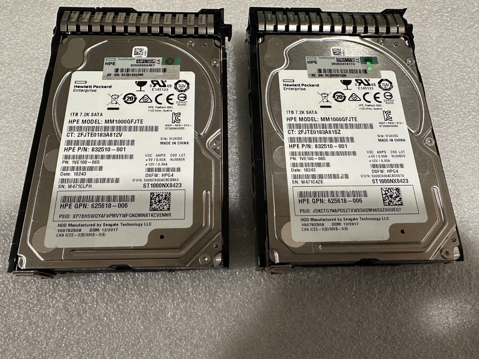 2x HPE 832510-001 MM1000GFJTE HP G8 G9 1-TB 6G 7.2K 2.5 SATA W/Caddy