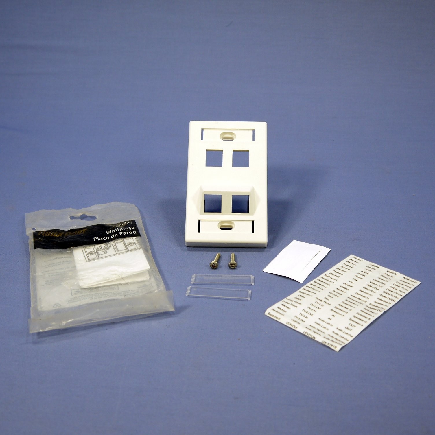 Leviton White Quickport ANGLED 4-Port Wallplate w/ ID Windows & Labels 40807-WR