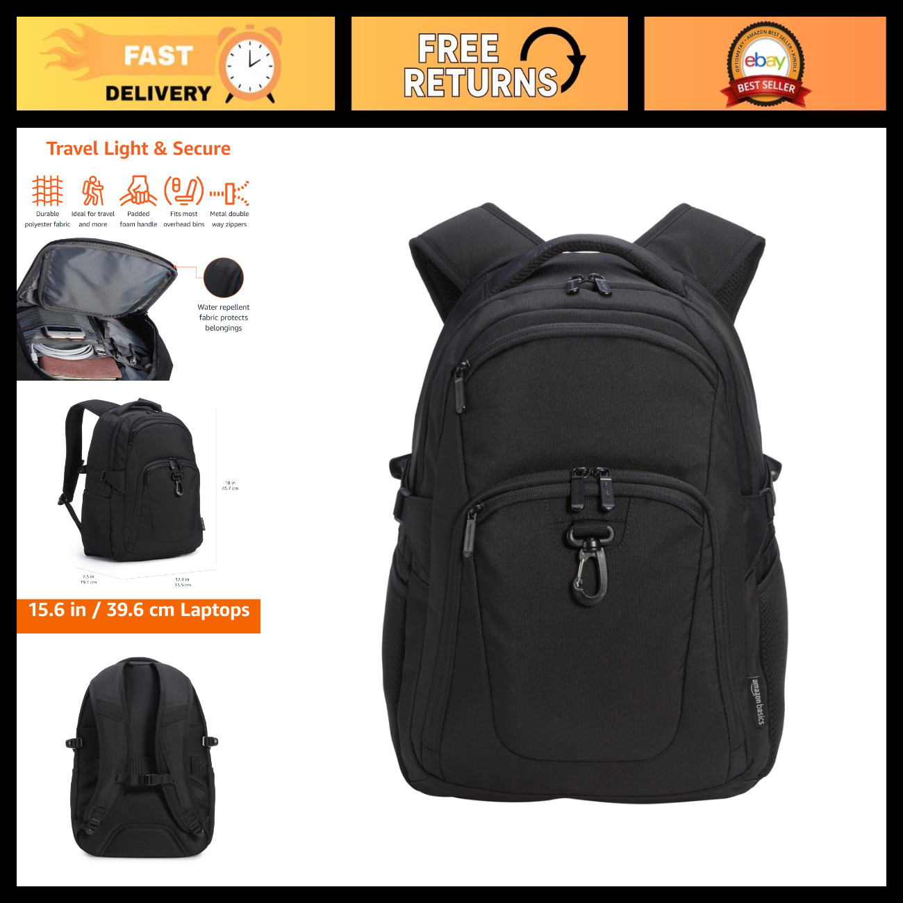 Travel Laptop Backpack for 15.6" Laptops, Water Resistant, Multiple Pockets, Pad