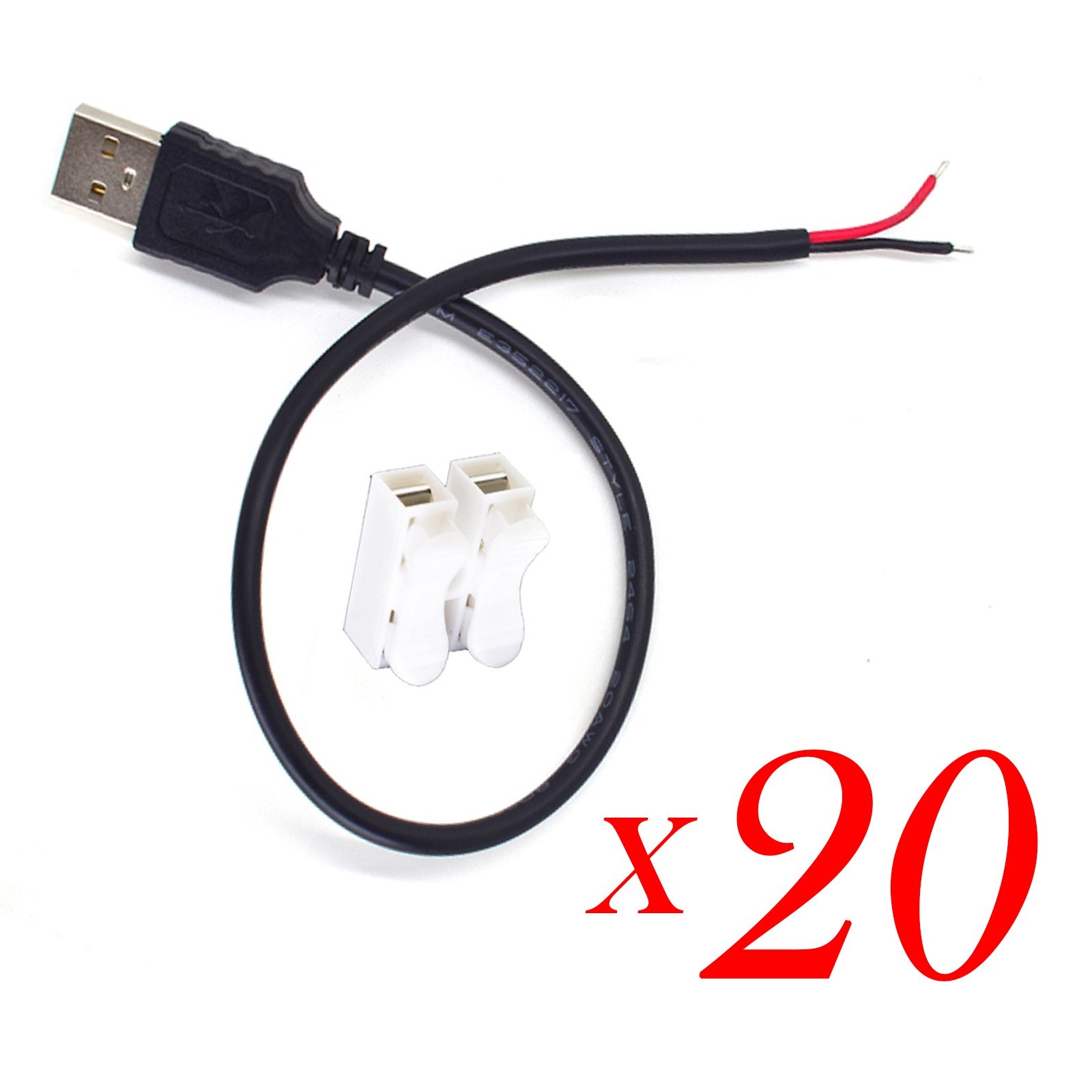 20X USB 2.0 Male to Bare Wire Cable 20AWG 5A 2Pin DIY Pigtail Cable 0.3M/1FT