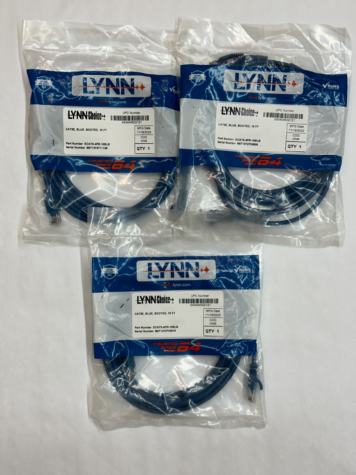 3 PACK LYNN CAT5E BLUE Booted 10ft ECAT5-4PR-10BLB Ethernet Cable