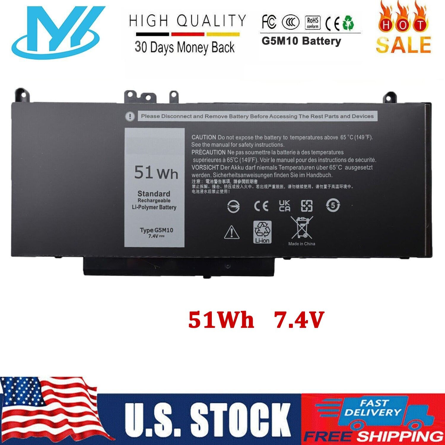 G5M10 Battery For Dell Latitude E5450 E5550 Notebook 15.6" WYJC2 8V5GX 7.4V 51Wh