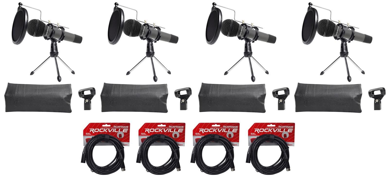 4 Audio Technica Dynamic Podcasting Podcast Microphones+Stands+Pop Filter+Cables