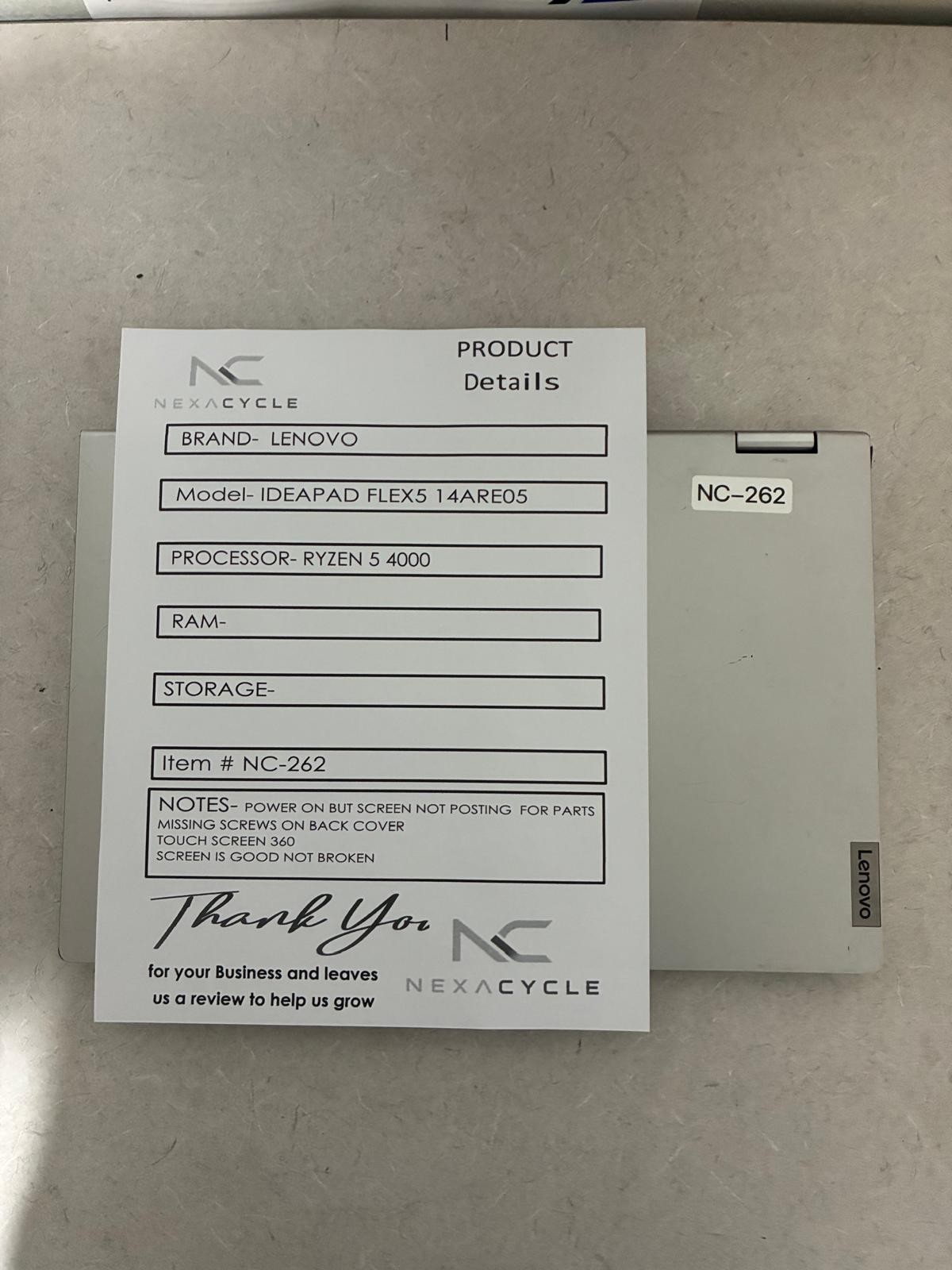 Lenovo IdeaPad Flex 5 Ryzen 5 4000 360 Touch - No Post Read Description