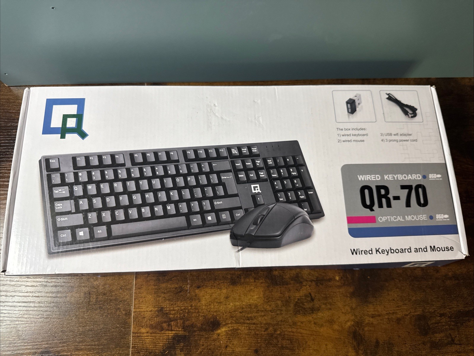 QR-70 Wired Keyboard w/ Wired Optical Mouse And USB Wifi Adapter Black NEW