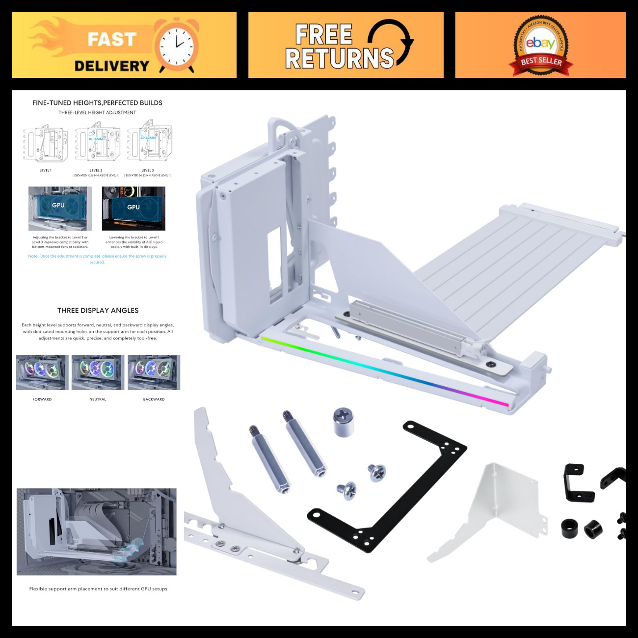 Vertical GPU Mounting Kit, 4 Slots, PCIe 5.0 Riser, White, PC Gaming Accessory