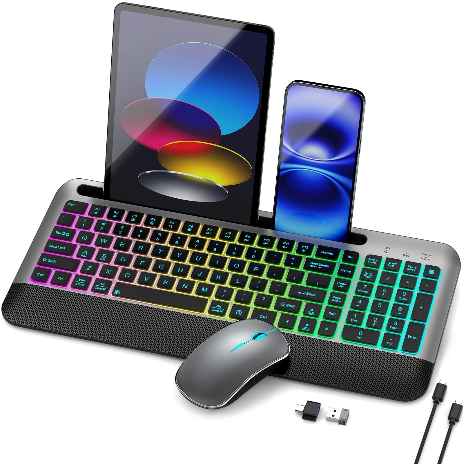 Silent RGB Backlit Wireless Keyboard Set, Rechargeable 3000mAh Keyboard, Ergo...